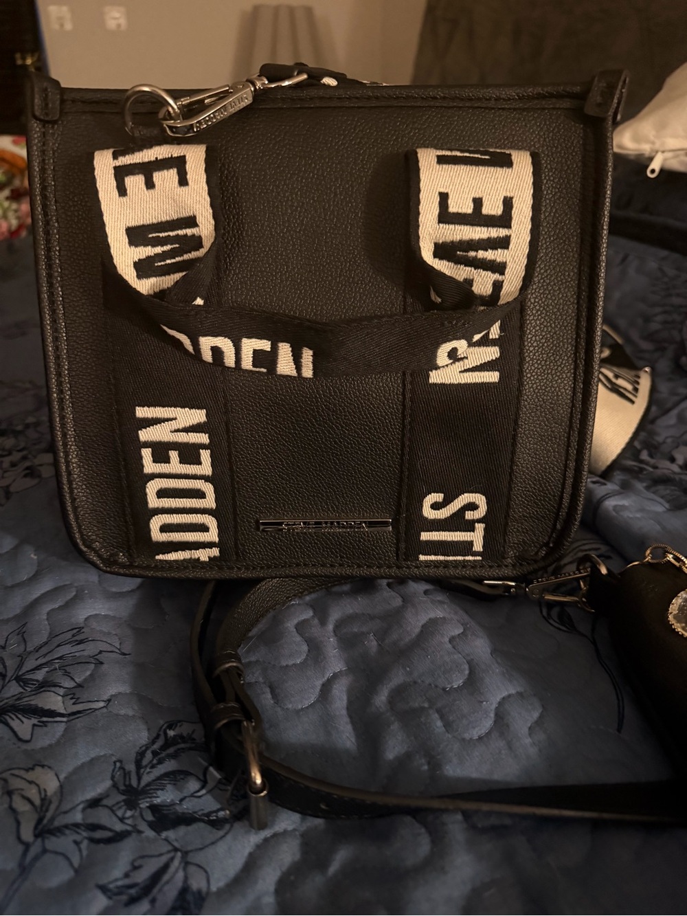 Steve Madden Black Crossbody with White Branded Webbing